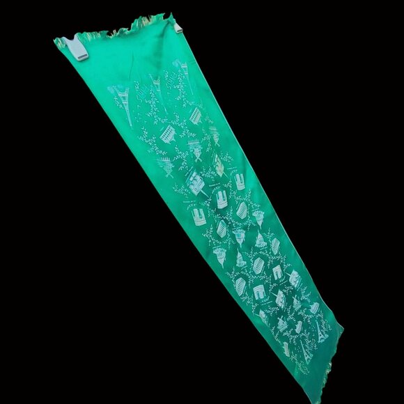 Distressed Antique Green Scarf Paris Souvenir With Landmarks & Moth Holes 47" - Picture 4 of 11